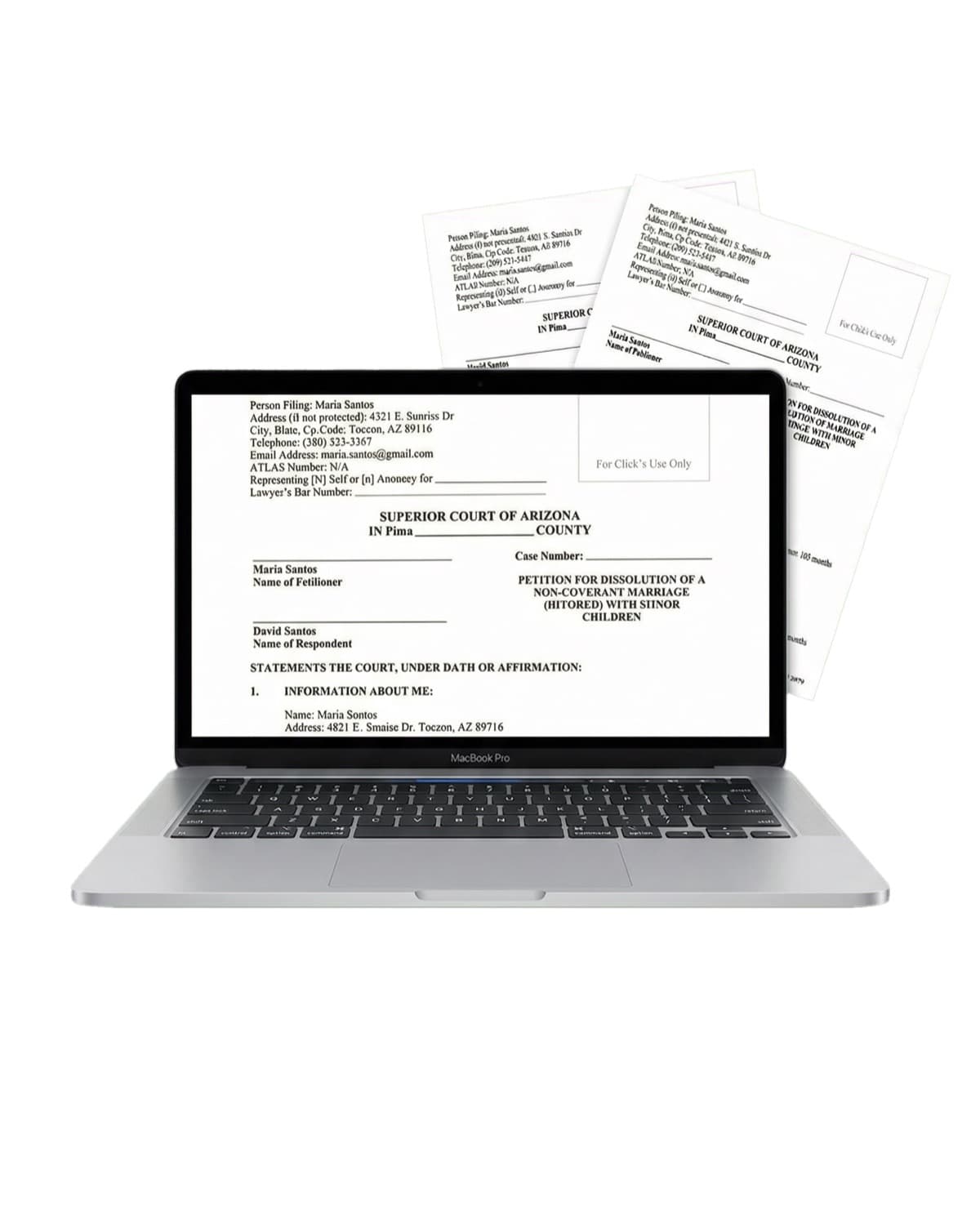 Filled Arizona divorce petition displayed on a laptop with court filing documents